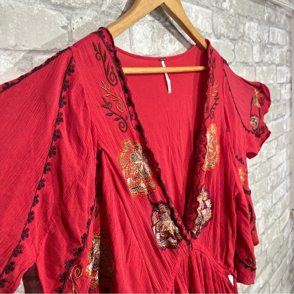 Free People Women's Small Cora Mini Dress Red Floral Embroidery Flutter Sleeve - Picture 9 of 15